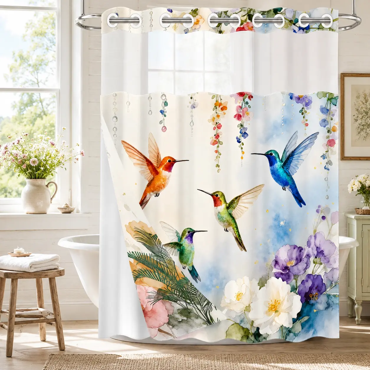 No Hooks Straight Polyester Hummingbird Floral Watercolor Shower Curtain - Snap-In Removable White Liner, Double-Layer Waterproof Fabric, Sheer Mesh Top, Wall Mounted Elegant Garden Bathroom Decor, 72x75in, Bag