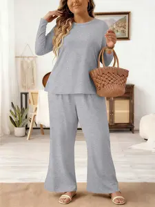 【Plus Size】Women's Plus Size Fashion Womenswear Long Sleeve Top & Leggings Set, Casual Comfortable Outfit for Daily Wear, Trendy Style for Spring & Fall Seasons