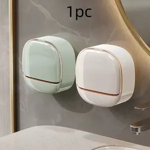 1pc Bathroom Soap Dish Wall Mounted No-Drill Drainage Box, Bath Organizer Storage Rack for Shower Room Essentials, Bathroom Accessories, Soap Dish Holder