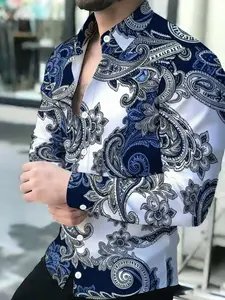 Men's Graphic Long Sleeve Collared Blouse, Slim-Fitting Casual Shirt, and Pattern, Business and Leisure Top, Classic Trendy Fashion Design, Menswear