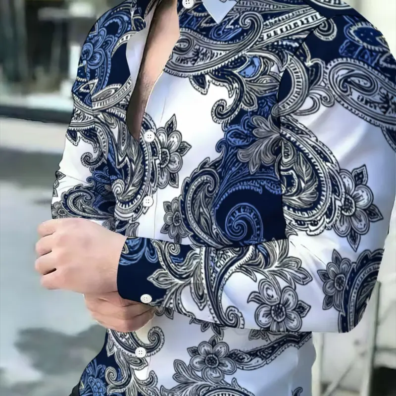 Men's Paisley Graphic Long Sleeve Buttoned Collared Blouse, Slim-Fitting Casual Shirt, Business and Leisure Top, Classic Trendy Design Menswear