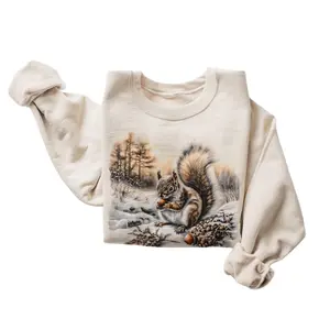 The Retro Squirrel With Acorns Winter Forest Scene Sweatshirt, Nineties 90s Vintage Cute Animals Outfit, Boho Unisex Crewneck Sweatshirt,  Menswear Top, Womenswear Top Underwear Streetwear