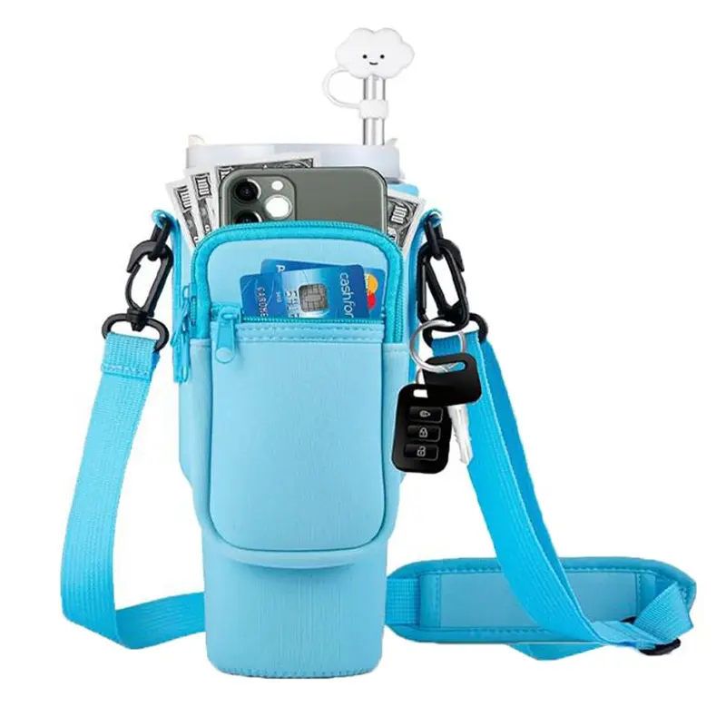 Water Bottle Carrier Bag with Phone Pocket for Stanley Cup 40 Oz, Travel Water Bottle Holder Adjustable Strap Stanley Cup Accessories, Lightweight  Drinkware Straw, Tumbler Accessories