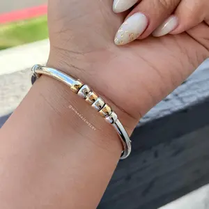 950 Silver Anti-Stress Bangle with 5 Movable Donuts & 18k Gold Foil Details Adjustable Bracelet for Elegant Luxurious Accessory