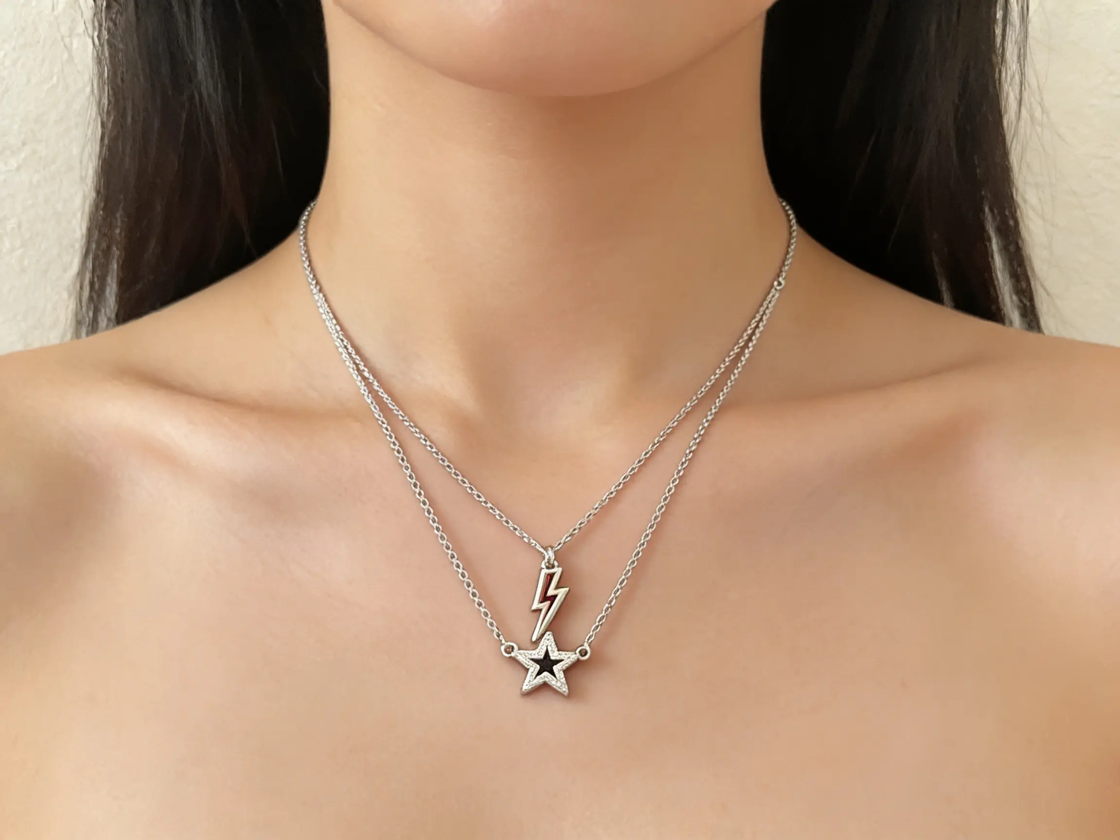 Star and Lightning Bolt Necklace - Elegant Silver Tone Double Strand Pendant Jewelry for Women