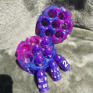 Epoxy Resin D&D Bullet Dice with Revolver Cylinder Cary Case Purple Glitter Design Dice Set
