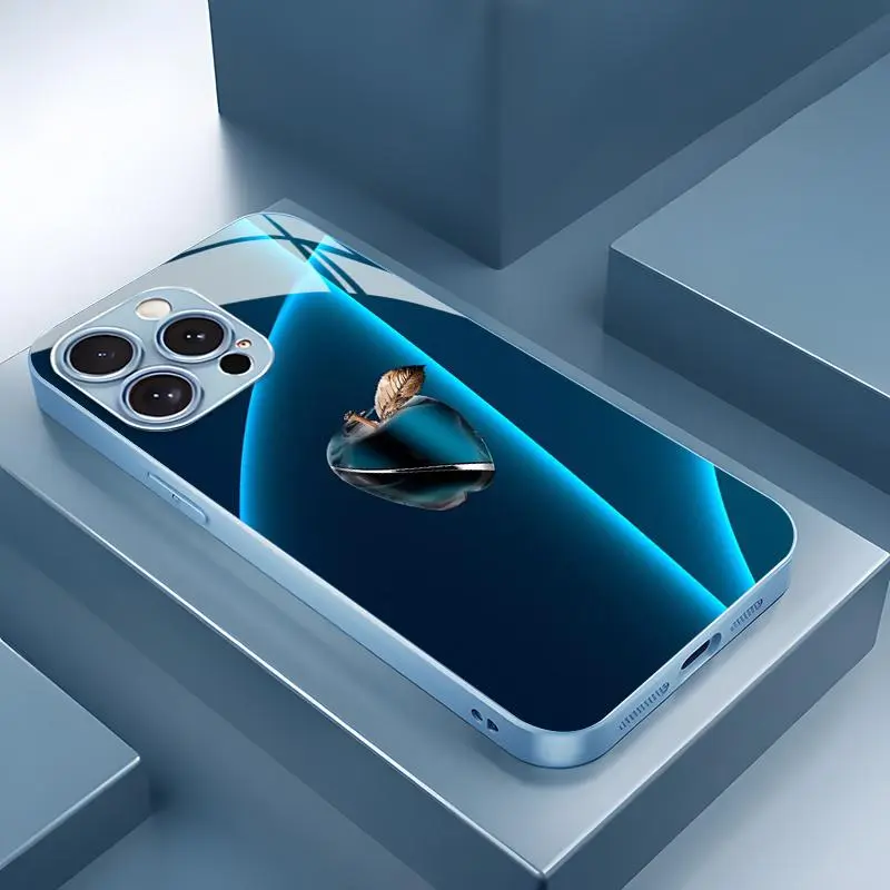 High-End Fashion Business Aurora Gradient Blue Apple Pattern Glass Smartphone Casing, Cellphone Handheld Accessories for iPhone 17, 16, 15, 14, 13, 12, 11 Pro Max