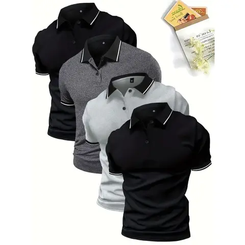 4-Pack Men'S Polo Shirts, Solid Color Short Sleeve, Regular Fit, Knit Fabric, Polyester 95%, Elastane 5%, Lapel Collar, Button Detail, Slight Stretch, Casual Sportswear Tops athleisure wear Shortsleeve Menswear  Basic Tropical SweatGift