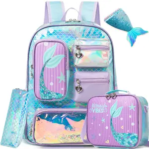Back to School Gifts: Girls 3pcs Mermaid Backpack Set | Iridescent Scale School Bag, Lunch Bag & Pencil Case | Ergonomic Lightweight Bookbag for School Kids