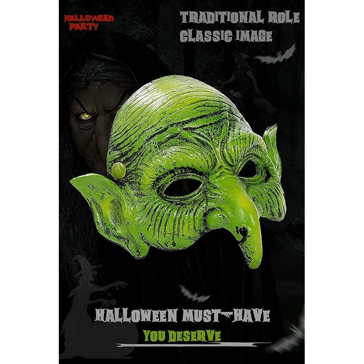 green goblin mask，Horror Green Witch Mask, realistic pleated texture and pointed ear design, suitable for cosplayers with Halloween horror themes, haunted house carnival prank props, movie night role-playing theme party decoration accessories