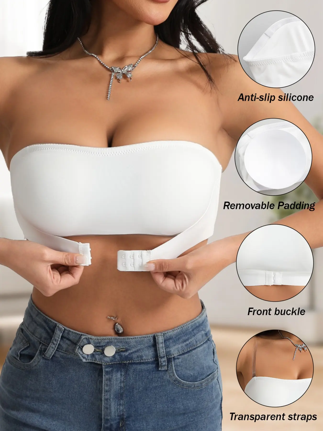 Anti-Slip Strapless Bra with Front Buckle, Adjustable Bra, Stay-Up Seamless Bandeau, Invisible Push Up Bra for Off-Shoulder Dress, Includes Clear Straps, No Wire Comfort, Underwear, Womenswear
