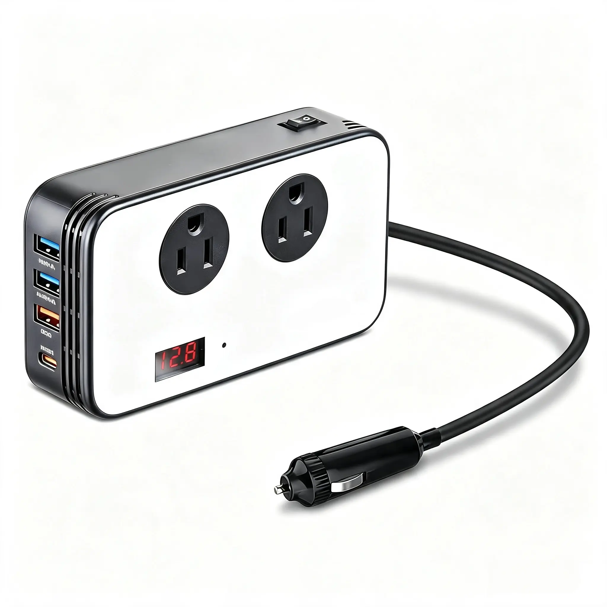 300W Car  Inverter DC 12V to AC 110V Car Outlet Adapter Plug with PD 25W USB-C, QC3.0 and LCD Display Car Charger Loptop