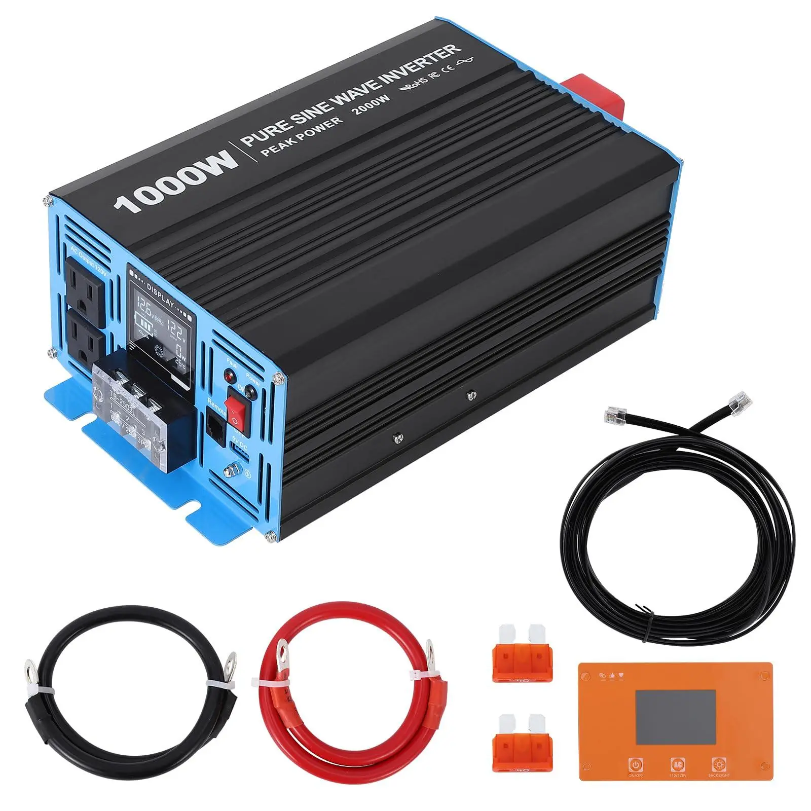 GARVEE 1000W Pure Sine Wave Inverter with 1000w Power - 12V DC to 120V AC, 5V/2.1A USB Port, 2 AC Outlets, Hardwired Remote Controller, LED Indicator, Aluminum Shell