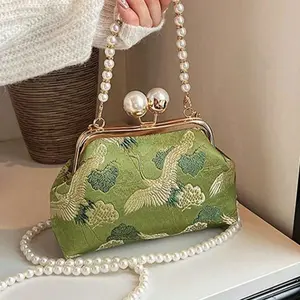 2026 Retro Green Fabric Faux Pearl Chain Clutch, Cute Women Versatile Handbag Shoulder Bag Crossbody Purse Elegant Pearl Bag for Party and Daily Use