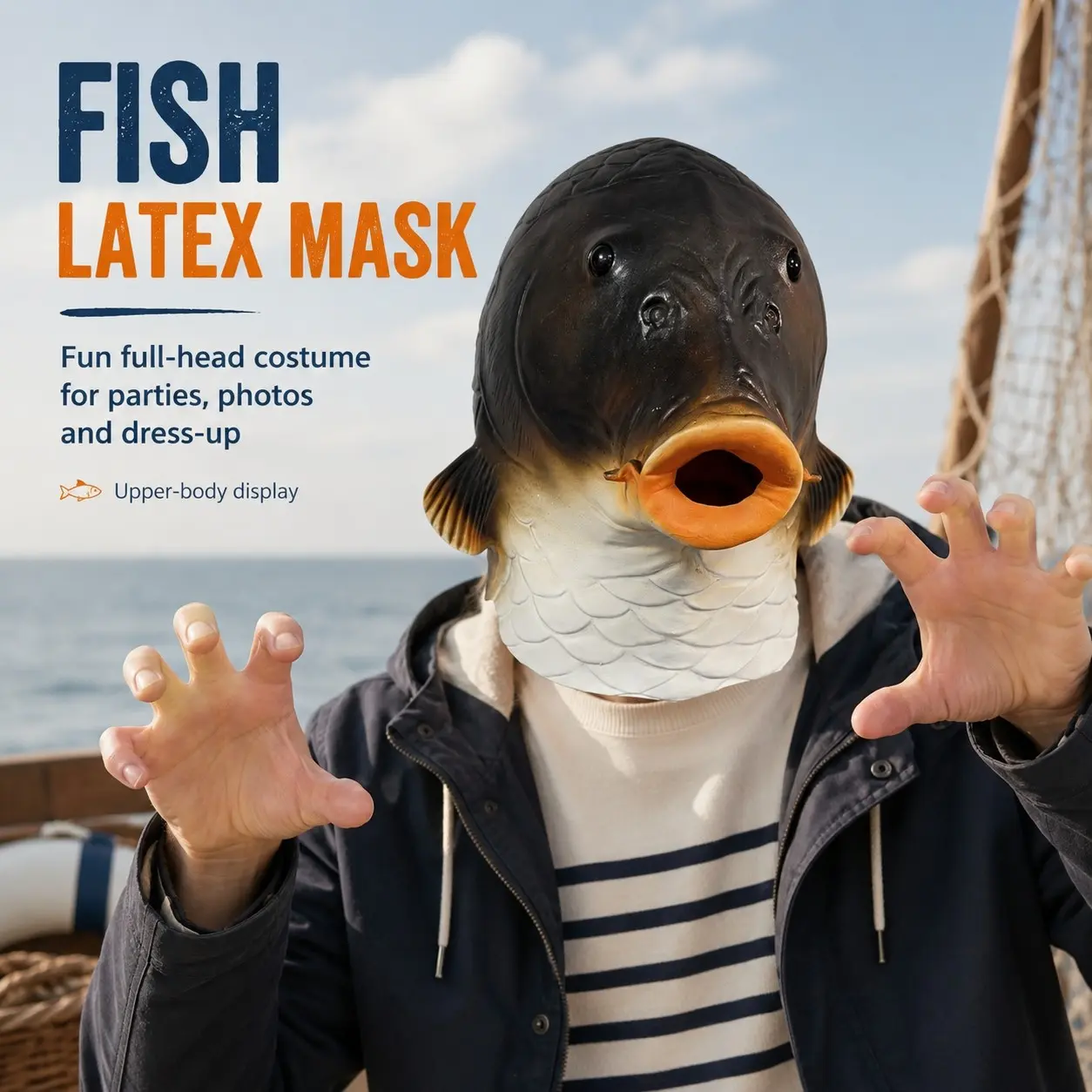 Funny Carp Fish Head Mask, Realistic Animal Latex Full Head Mask, DIY Trim Halloween Party Cosplay Costume Prop for Adults, Hyper Realistic Mask