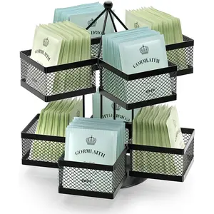 Spinning Tea Bag Organizer 96 Teabags Storage Holder Rotating Carousel Container, Lazy Susan Tea Caddy for Coffee Creamer Sweetener, Fits Kitchen Counter Cabinet Pantry Shelf