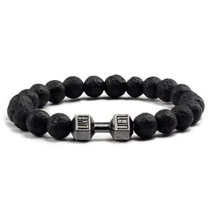 HELLRZR Natural Volcanic Stone Dumbell Bracelet - Matte Black Lave White Beads Charm Dumbbell Strand Bracelets Men & Women Barbell Fitness Jewelry Reliatonny
