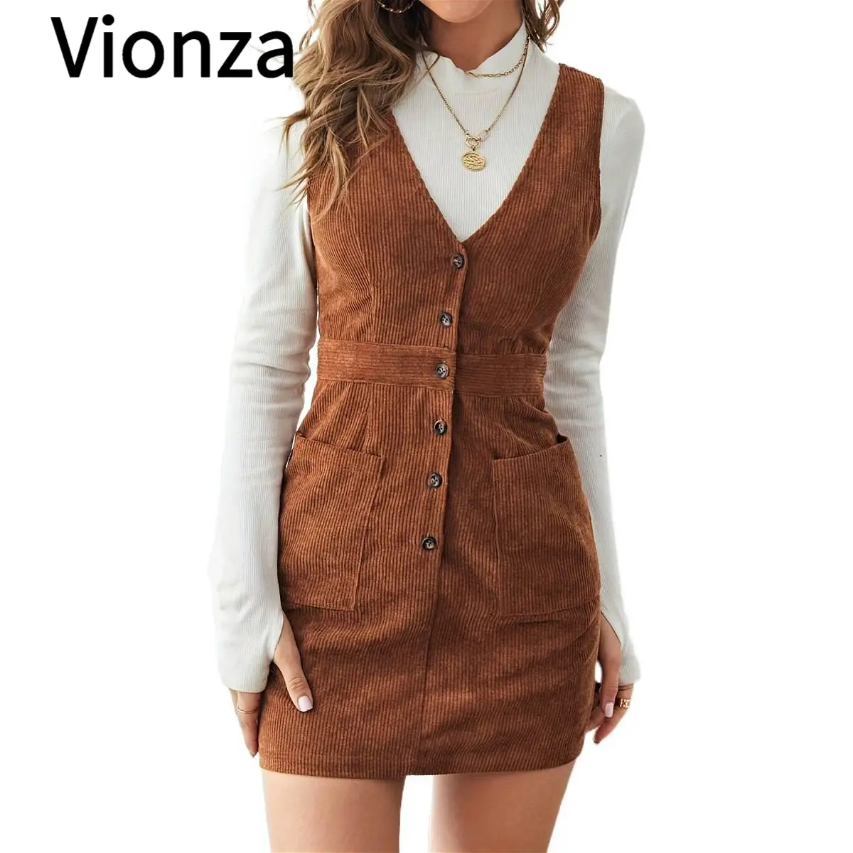 Brown Corduroy Short Dress with Patch Pocket - Perfect for Casual Outfits, Y2K Style, Streetwear Looks, and Cozy Fall Nights. Trendy Dress for Every Occasion!