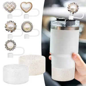 Straw Covers for Cup Accessories with Silicone Boots 0.4inch Straw Lids with Shiny Imitation Pearls for 30&40oz Tumblers Kitchen Drinkware Accessories