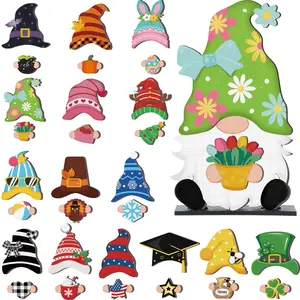 Interchangeable Wooden Gnome Decor DIY Holiday Spring Easter Summer Day Seasonal Tiered Tray Decoration with Magnet Gnomes Pieces Welcome Sign for Decorations(Cute)