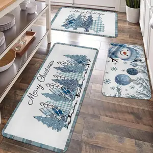 2/3pcs Christmas kitchen carpet floor mat, blue checkered Christmas tree, snowman, anti slip flannel floor mat, Home decorative rug, suitable for home decor