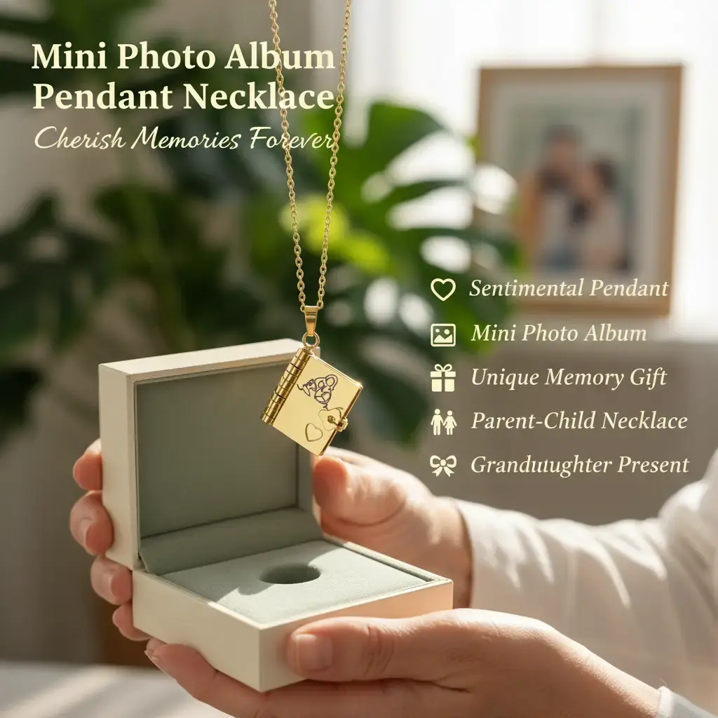Metal Coated Sentimental Mini Album Pendant Necklace - Unique Memory Gift for Granddaughter, Parent-Child Daily Jewelry with Letter Detail