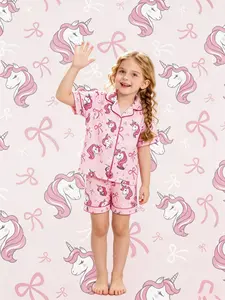 2-piece children's foundation make-up all over pink and white bow one horned horse printed short sleeved shorts soft and comfortable fabric lapel design button closure elastic waistband home casual children's pajamas set
