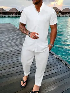 Men's Casual Summer Set Vertical Striped Short Sleeve Shirt and Long Pants Two-Piece, Comfortable and Breathable for Home or Outings