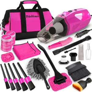 Car Cleaning Kit, Car Vacuum Detailing Kit Interior with High Power Handheld Vacuum, Including 7Pcs Detailing Brush Set, Windshield Cleaner, Pink Car Accessories for Women