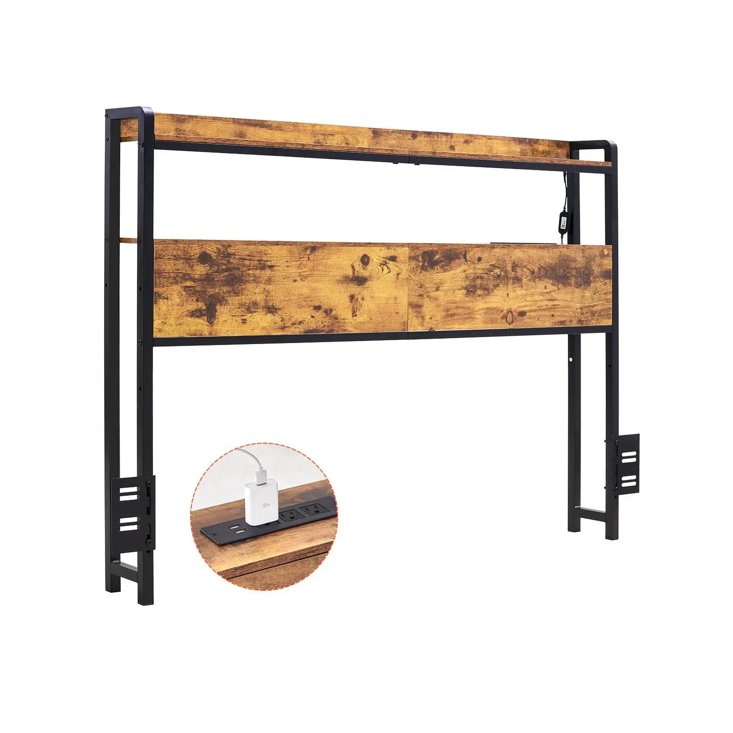 【Summerfinds】VEVOR Sturdy Carbon Steel Full Size Rectangular Headboard, 55.12x6.30x41.73 In, Adjustable Height, 2 Storage Shelves, USB Port, LED Lights, Freestanding for Different Bed Frames, Brown, Assembly Required, Bedroom Use