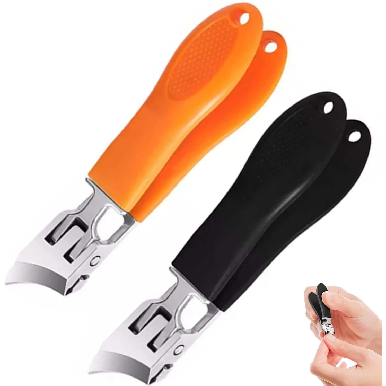 2pcs Random Color Wide Mouth Anti-Splash Angled Nail Clippers, Oblique Long Handle Clippers for Elderly Adults, Thick Nails Curved Blade Toenail Clippers for Men, Nail Care Manicure Portable Personal Grooming Tool for Home Daily Use and Foot Nail Trimming