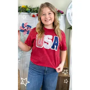 Tees2urdoor Women's Frilly Lace USA Graphic Short-Sleeve T-Shirt - Feminine Streetwear Top for Casual Day, Everyday Wear