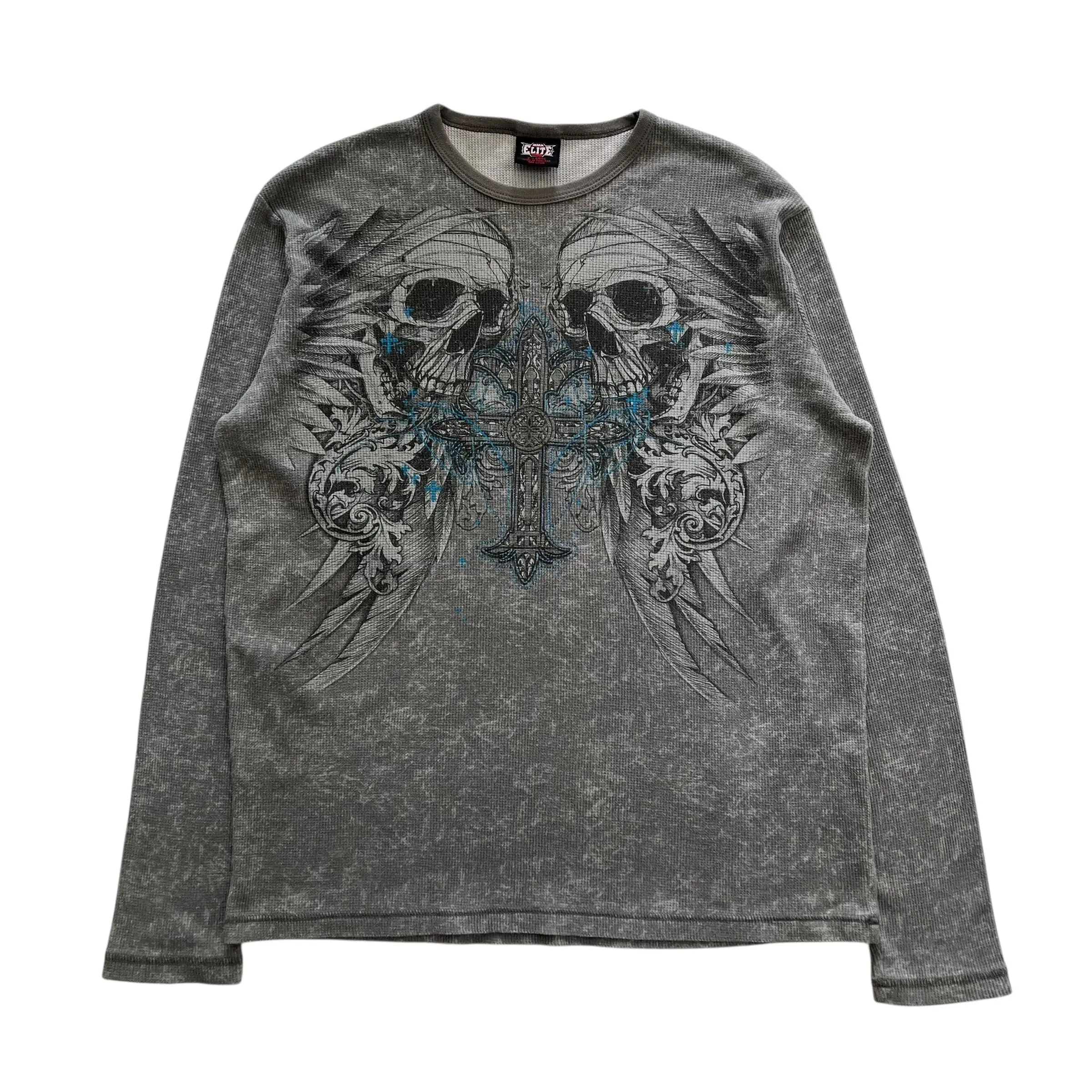 MMA Elite Skull Cross Wing Grunge Cyber Y2K Thermal Style Long Sleeve - Size S  5XL