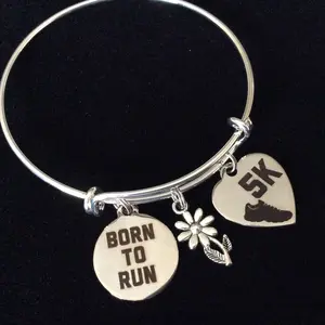 Custom 5K Born to Run Stainless Steel Charms on Expandable Bracelet Adjustable Wire Bangle Trendy Gift