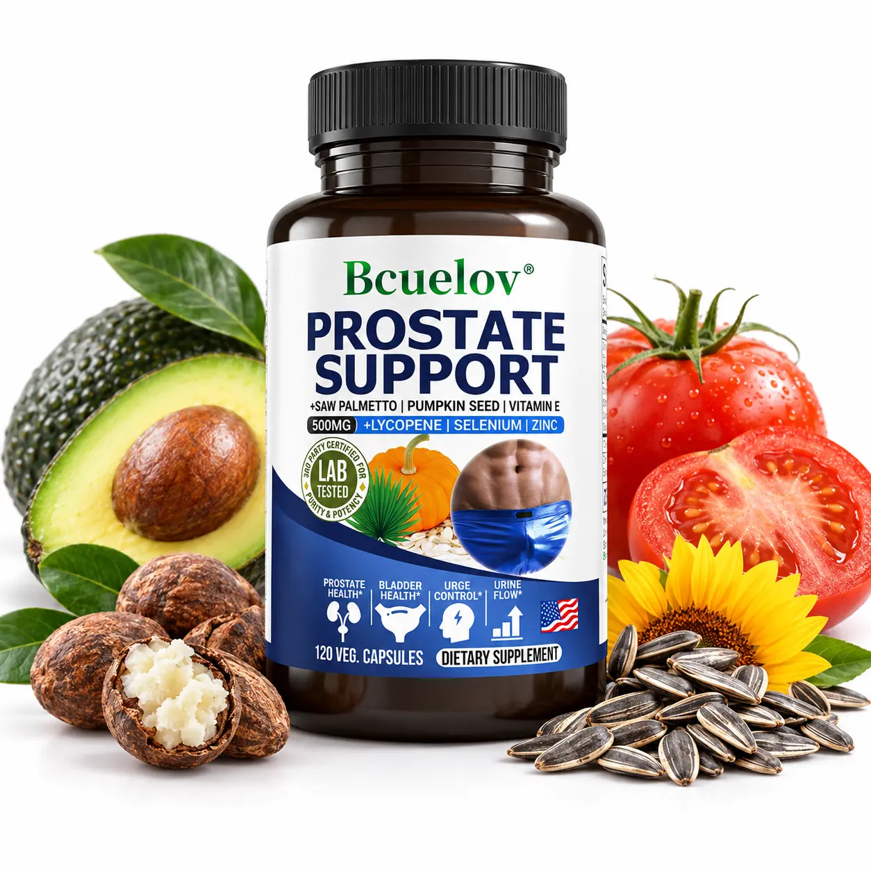 BcueloV Prostate Support Supplement with Saw Palmetto 500mg, Pumpkin Seed, Zinc & Selenium, Men's Prostate Health Formula, 120 Capsules