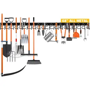 68'' All Metal Adjustable Garden Tool Organizer: Garage Tool Organizer Wall Mount with Black Hooks, Garage Organizers and Storage, Tool Hangers for Shed