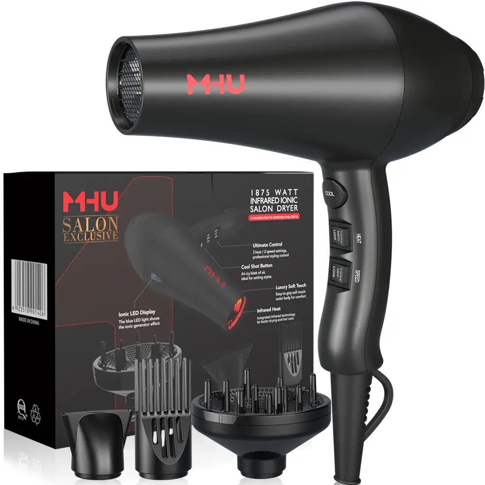 Black Ionic Corded Blow Dryer - Lightweight Multi-Mode 2-Speed Hair Dryer with 3 Heat Settings, High Airflow, Ultra-Quiet Design, Cool Shot Button, 2 Attachments (Nozzle & Diffuser), Frizz Reduction for All Hair Types, 2-Speed Hair Dryers
