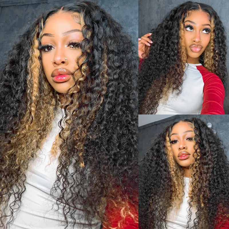 Amanda Hair Glueless Lace 7x5 Pre Cut Pre bleached Lace Closure Deep Curly Wave Blonde Highlight Human Hair Burmese Curly Wig #Backtoschool