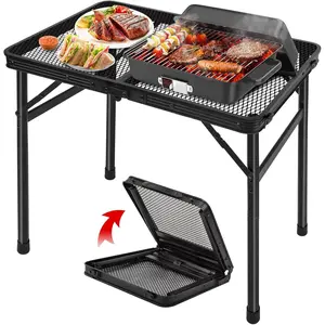 Grill Table Camping Table Portable Folding Table Outdoor Picnic Table,Height Adjustable Collapsible Table with Mesh Desktop,Lightweight Metal Foldable Table for Camp BBQ Picnic RV