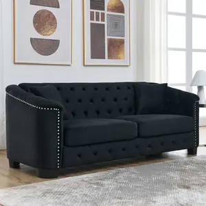77'' Modern Chesterfield Velvet Sofa, 3-Seater Sofa, Upholstered Tufted Backrests with Nailhead Arms and 2 Cushions for Living Room, Bedroom, Apartment, Office (Black)