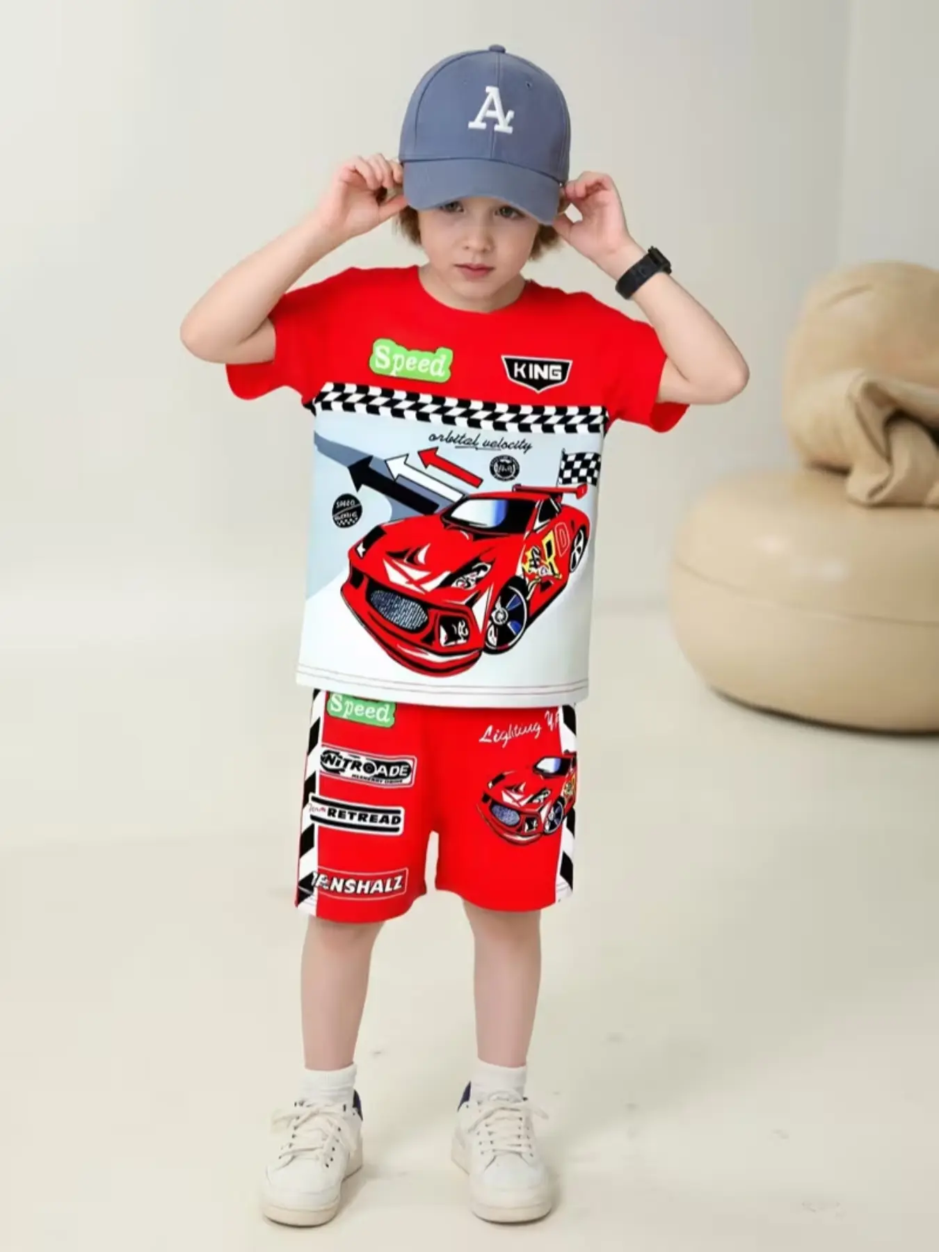 Round Neck Short Sleeve Fitted Shorts Set, Digital Print Racing Car Letters Slogan Geometric Pattern, Casual Athletic Sporty Summer Sports Leisure Wear Clothes, Graphic Print Set