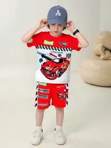 Round Neck Short Sleeve Fitted Shorts Set, Digital Print Racing Car Letters Slogan Geometric Pattern, Casual Summer Sports Leisure Wear