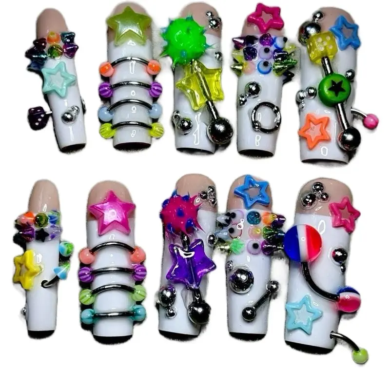 Punk Y2K X-Long Square press on nails with Colorful Stars and Charms Detailed and Decorative Design