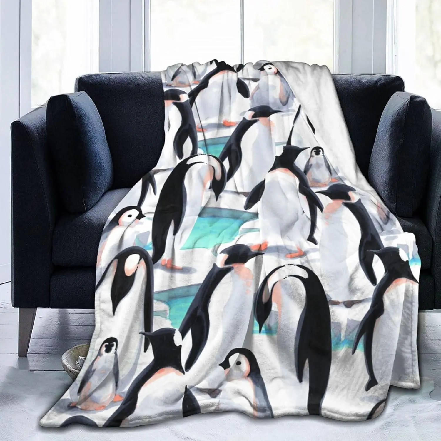 30x30in Cloud-Like Flannel Penguin Watercolor Animal Blanket - Wrinkle Resistant, Breathable, Cozy Lightweight Plush Small Throw, Long-Lasting Warmth, Machine Wash, All-Season Indoor Gift for Child, Home Decor for Sofa