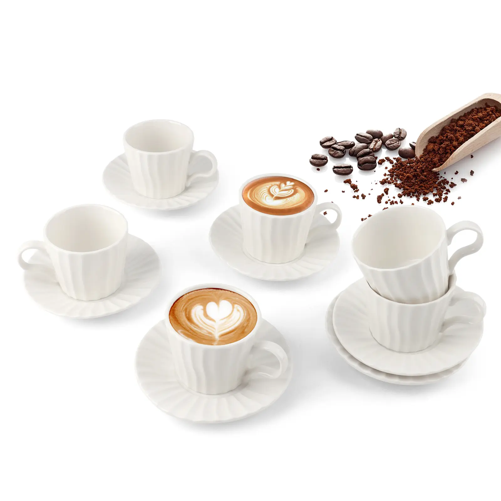 Set of 6 Thick Glossy Ceramic Espresso Cups with Handles & Saucers - 3.4oz Ribbed White Microwave-Safe Mugs with Heat-Retain Walls, for Turkish Coffee, Birthday Gift with Gift Packaging for Tea Enthusiasts