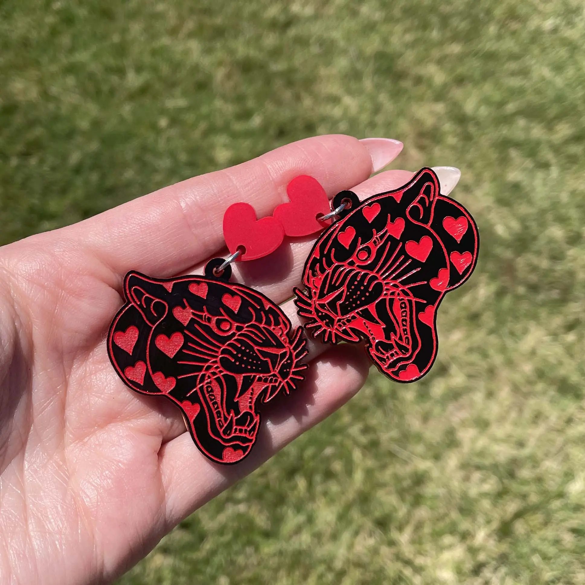 Black and Red Heart Panther Heads Acrylic Earrings