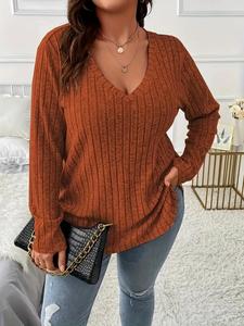 plus size solid long sleeve tee, casual comfy v neck top for fall daily outdoor wear, women plus clothing for fall , fall outfits 2024, fall outfits, earthtone fallfreshness downtown girl clothes downtown girl clothes