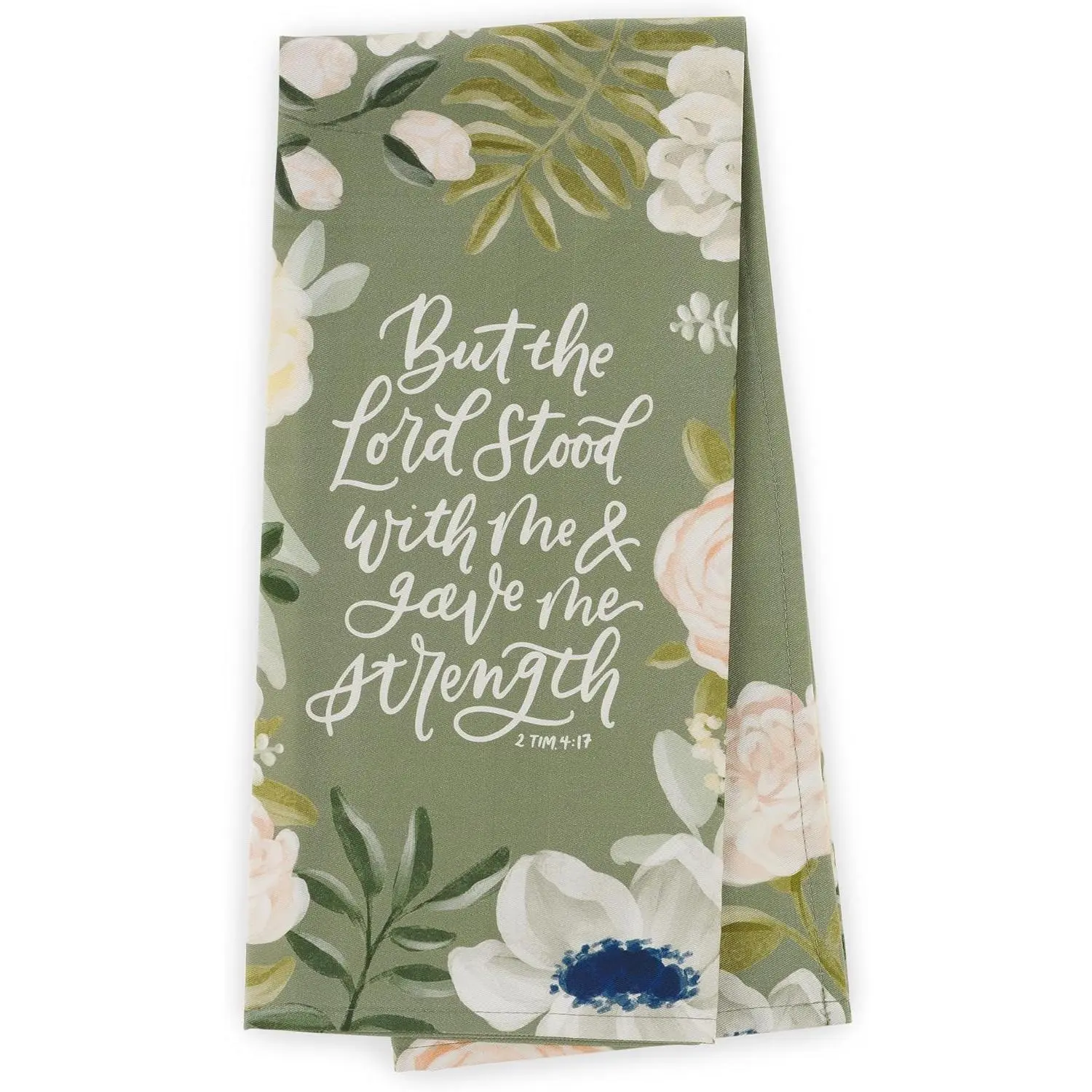 Sage Green Cotton Kitchen Tea Towel - The Lord Stood With Me, 2 Timothy 4:17, Flower-Print Compatible Cover, Gift for Friends