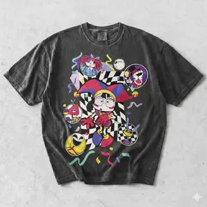 Pomnii And Friends TADC T-Shirt, Cute Funny Character Tee, Retro Checkerboard Indie Tee Gift For Circus Fan