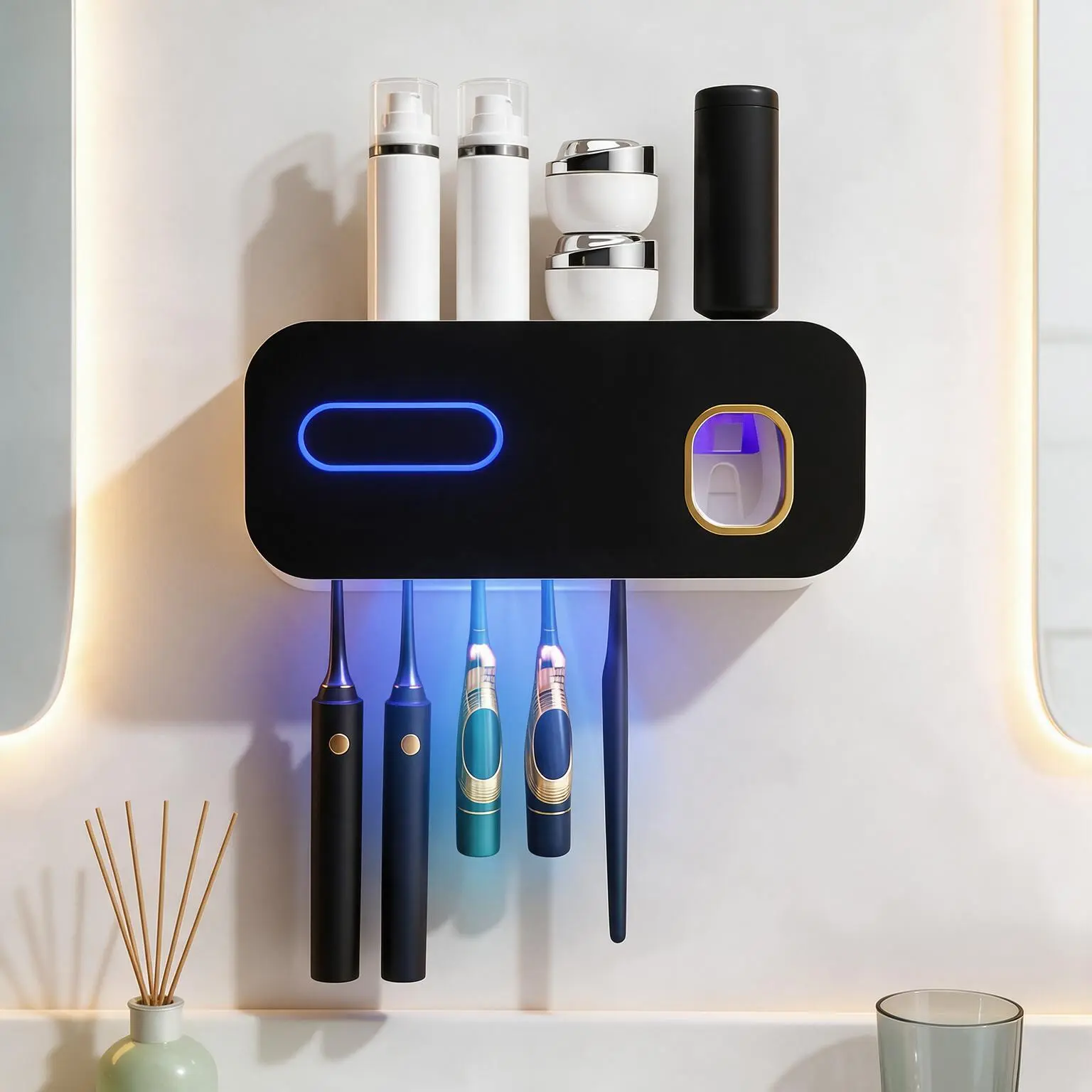 Bathroom UV Toothbrush Sanitizing Station with Auto Toothpaste Dispenser, No Drill Adhesive Mount Toothbrush Holder Sterilizer, UVC Germicidal Toothbrush Rack for Home Family